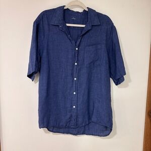 Muji 100% Linen Washed Short Sleeve Button Down Shirt Mens Large Navy Minimaist